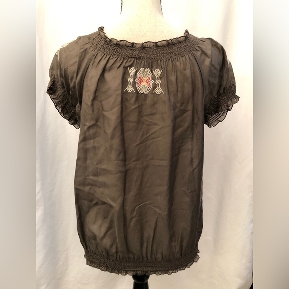 Joie Brown Embroidered Wooden Buttons Silk Blend Short Sleeve Blouse Top Small - Picture 5 of 16